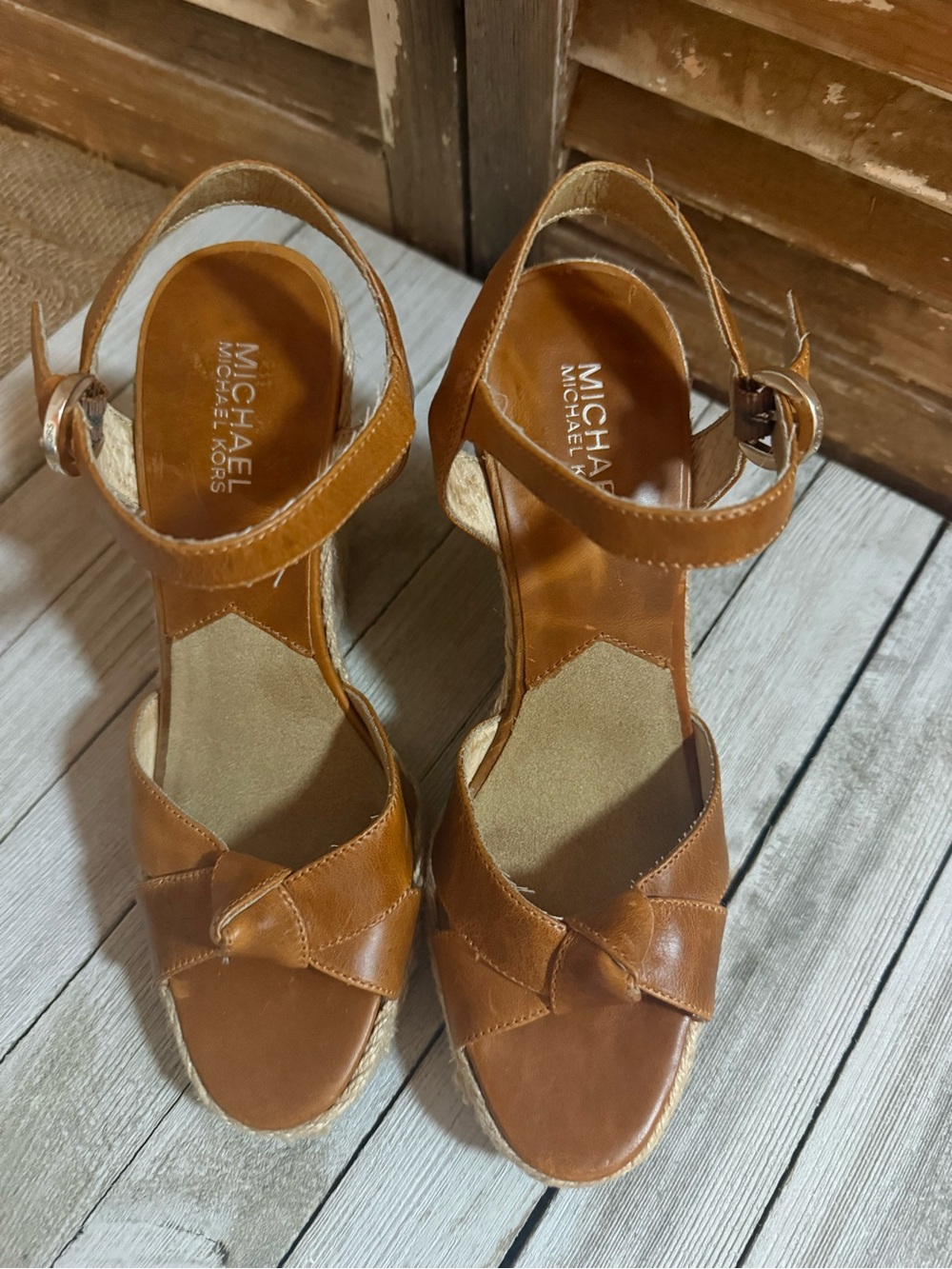 Michael Kors Cognac Leather Wedge Sandals with Knotted Front